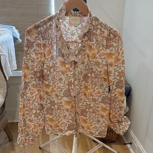 Sézane Floral Ruffle Neck Blouse — Cream, Mustard & Dusty Pink